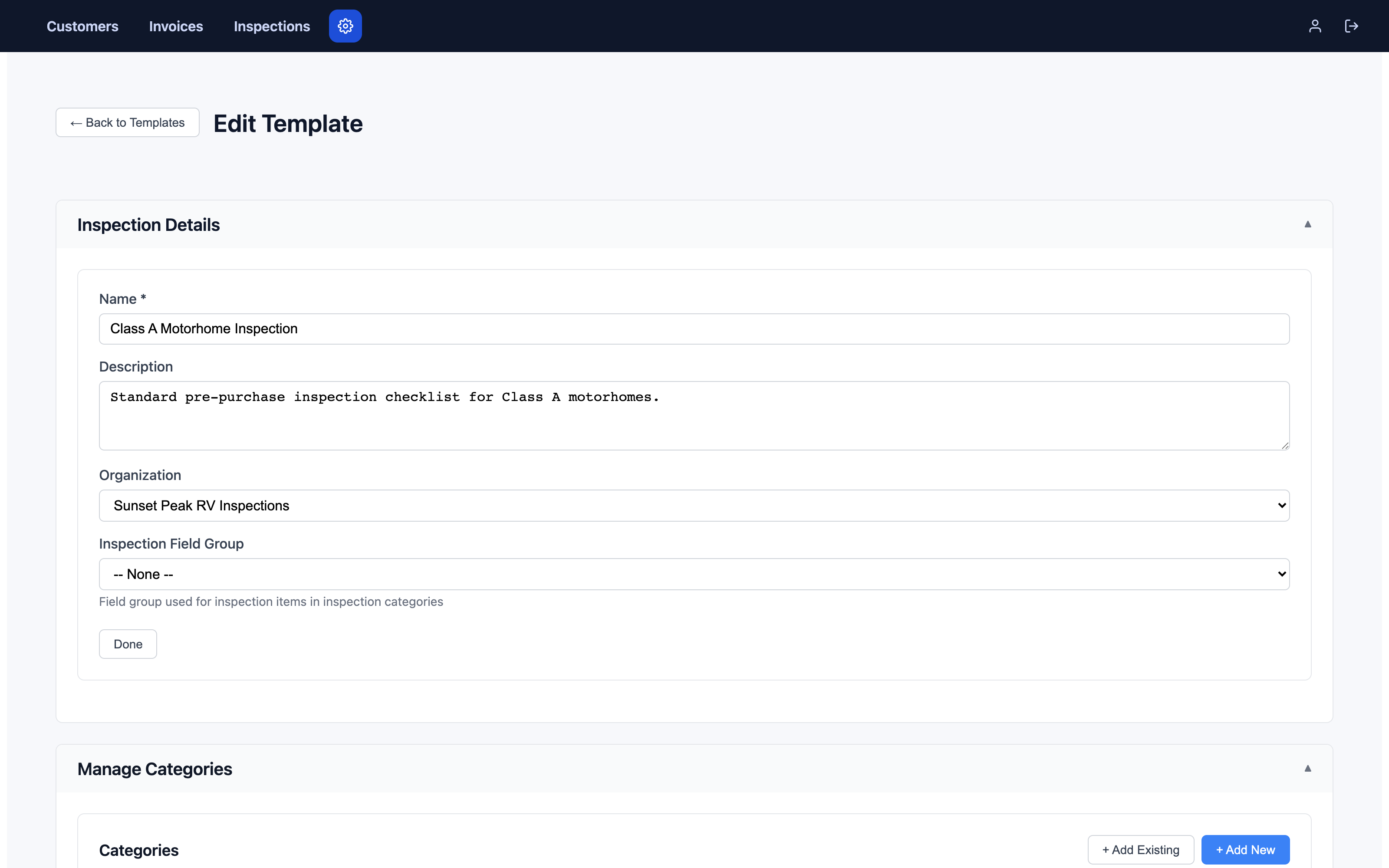 RVi's template editor showing an organization-level inspection template's details and categories